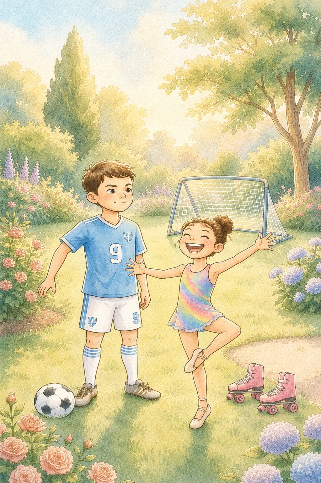 Ilustración interior del libro: dos hermanos juegan en el jardín entre flores, con portería y patines.