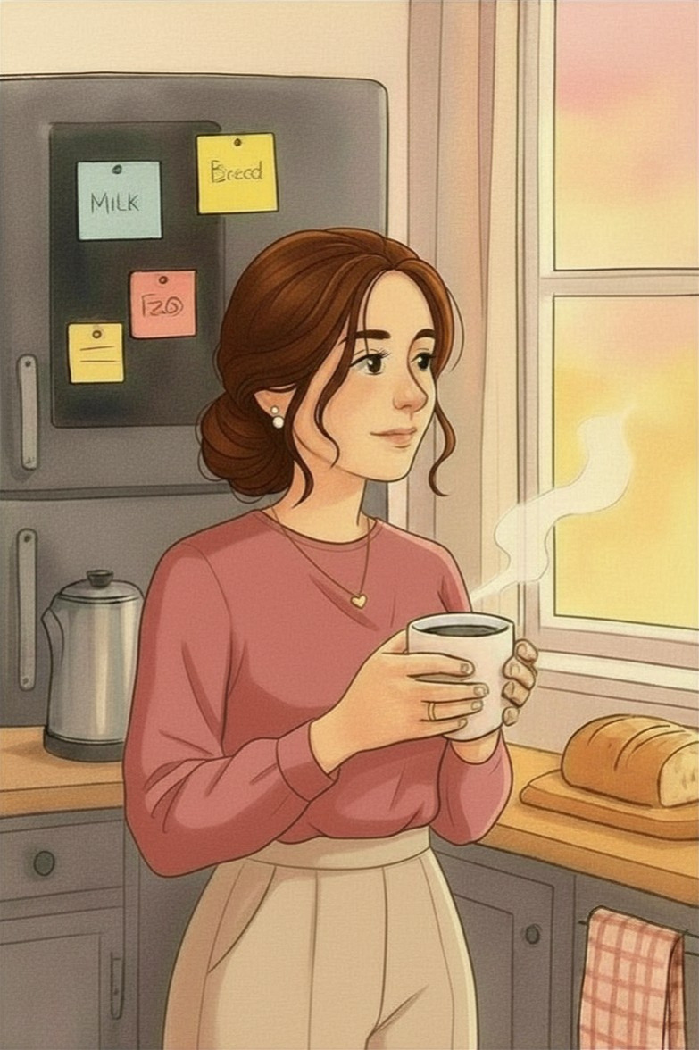 Ilustración interior del libro: una madre sonríe con una taza de café en la cocina al amanecer.