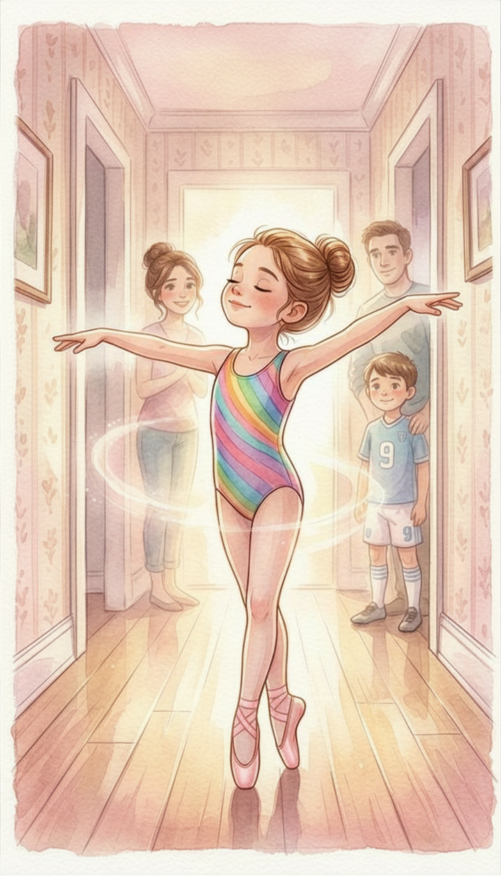 Ilustración interior del libro: una niña baila en el pasillo mientras su familia la mira con cariño.